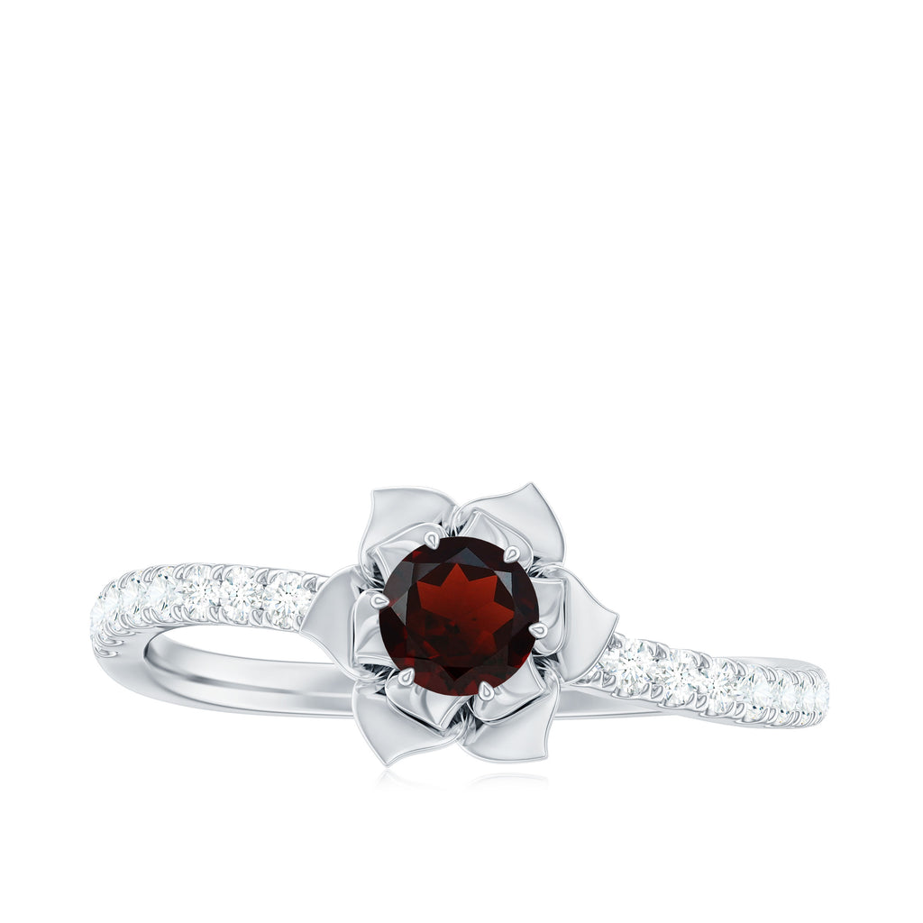 Floral Inspired Garnet Rose Engagement Ring with Diamond Garnet - ( AAA ) - Quality - Rosec Jewels