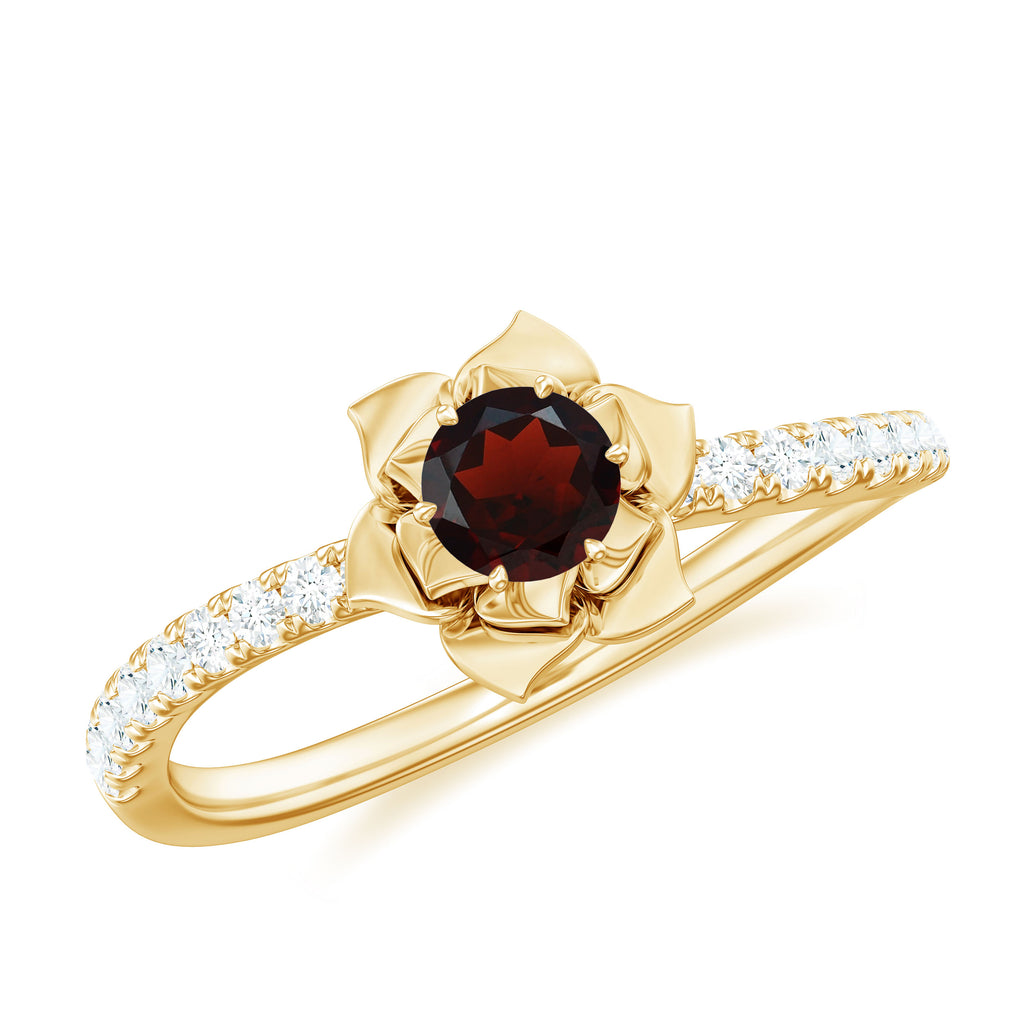 Floral Inspired Garnet Rose Engagement Ring with Diamond Garnet - ( AAA ) - Quality - Rosec Jewels