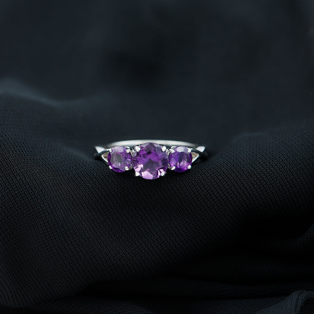 Round Amethyst Three Stone Crossover Ring Amethyst - ( AAA ) - Quality - Rosec Jewels