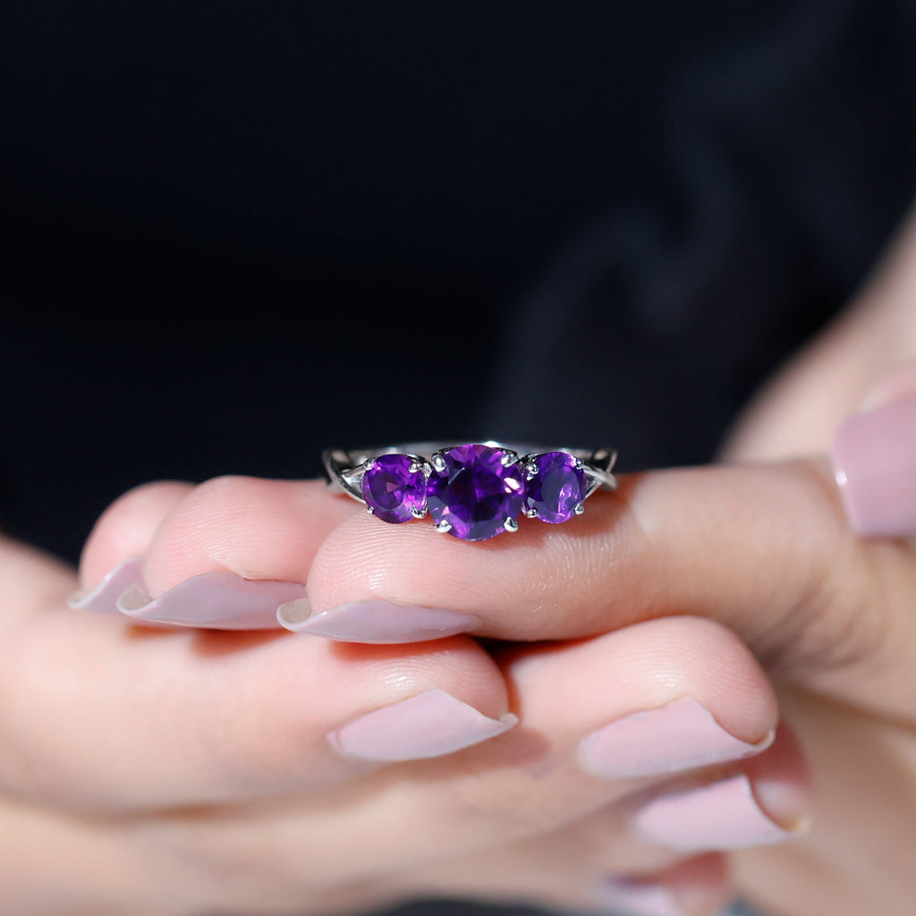 Round Amethyst Three Stone Crossover Ring Amethyst - ( AAA ) - Quality - Rosec Jewels