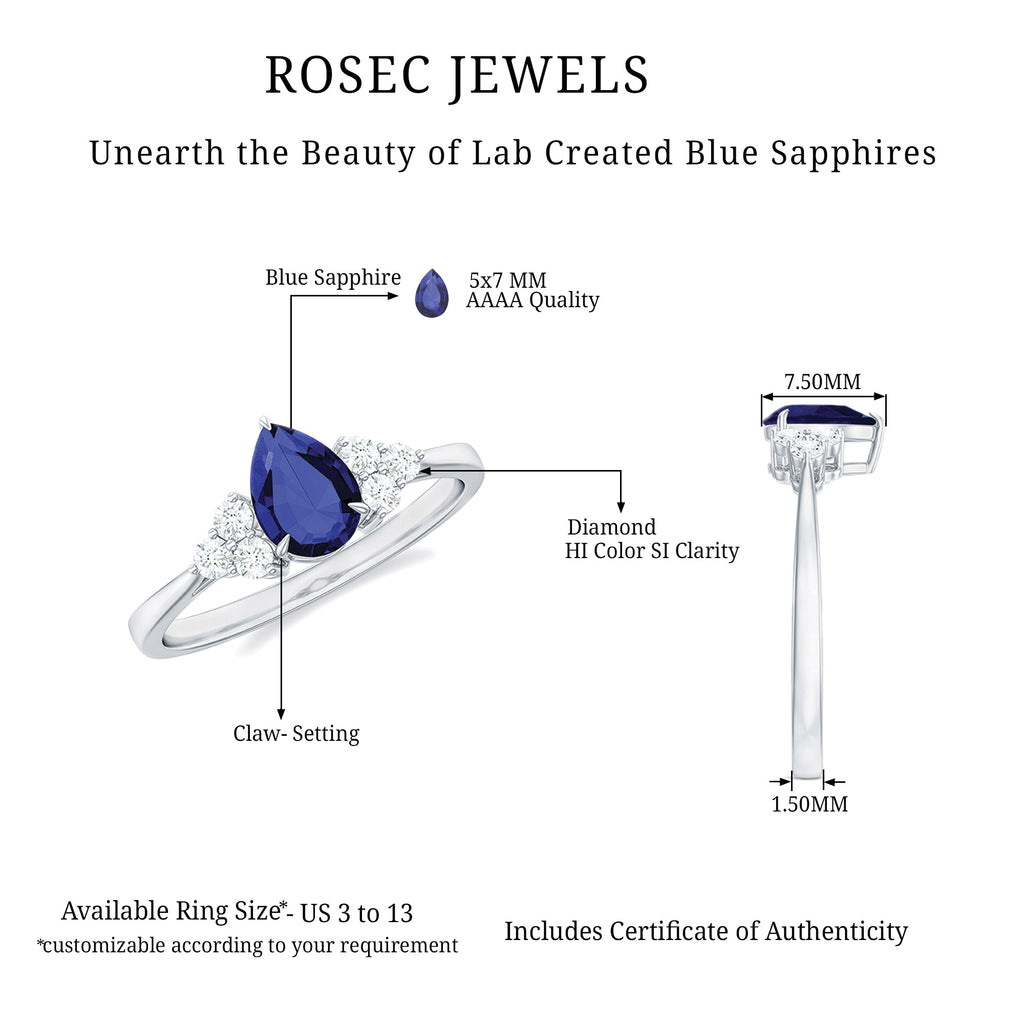 Pear Shaped Created Blue Sapphire Solitaire Ring with Diamond Trio Lab Created Blue Sapphire - ( AAAA ) - Quality - Rosec Jewels