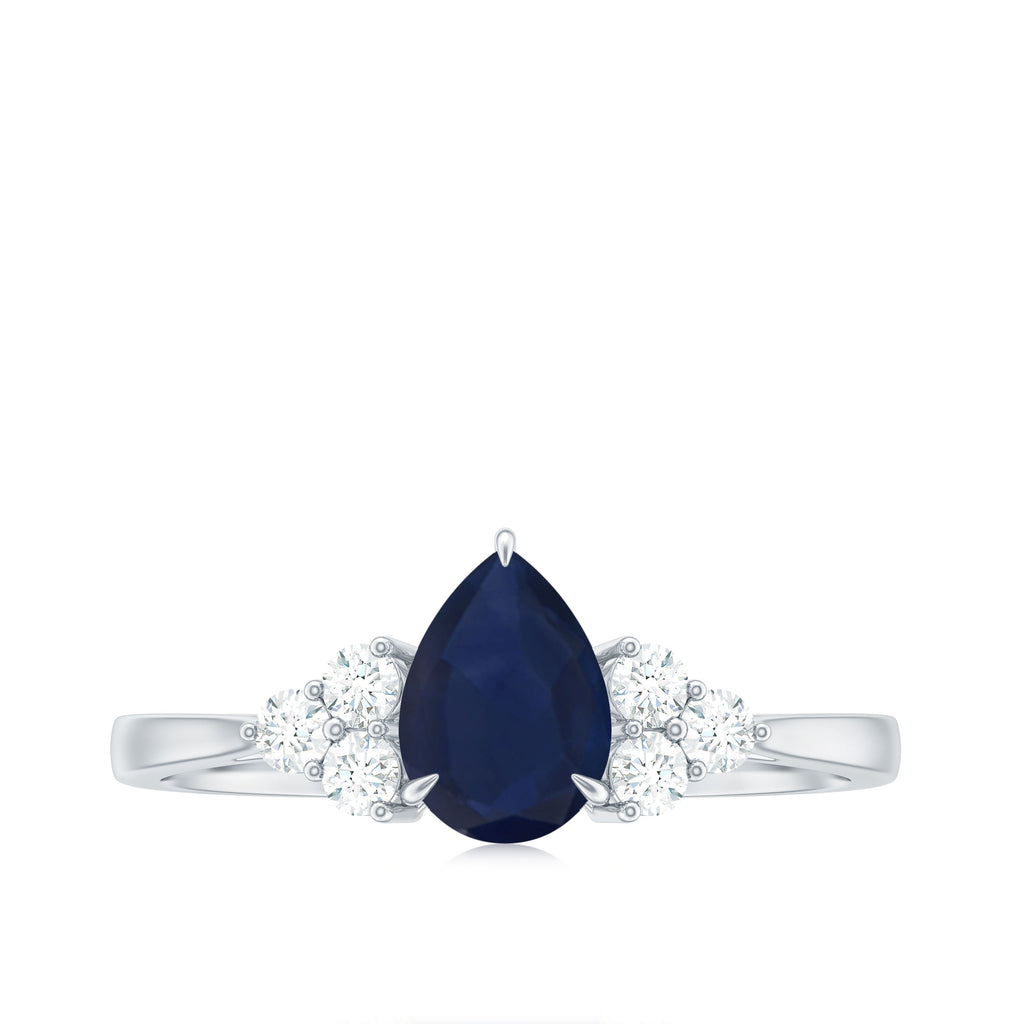 Pear Shaped Blue Sapphire Solitaire Ring with Diamond Trio Blue Sapphire - ( AAA ) - Quality - Rosec Jewels