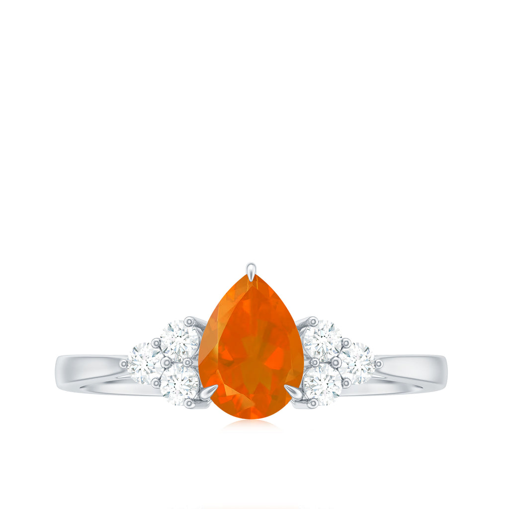 Pear Shaped Fire Opal Solitaire Ring with Diamond Trio Fire Opal - ( AAA ) - Quality - Rosec Jewels