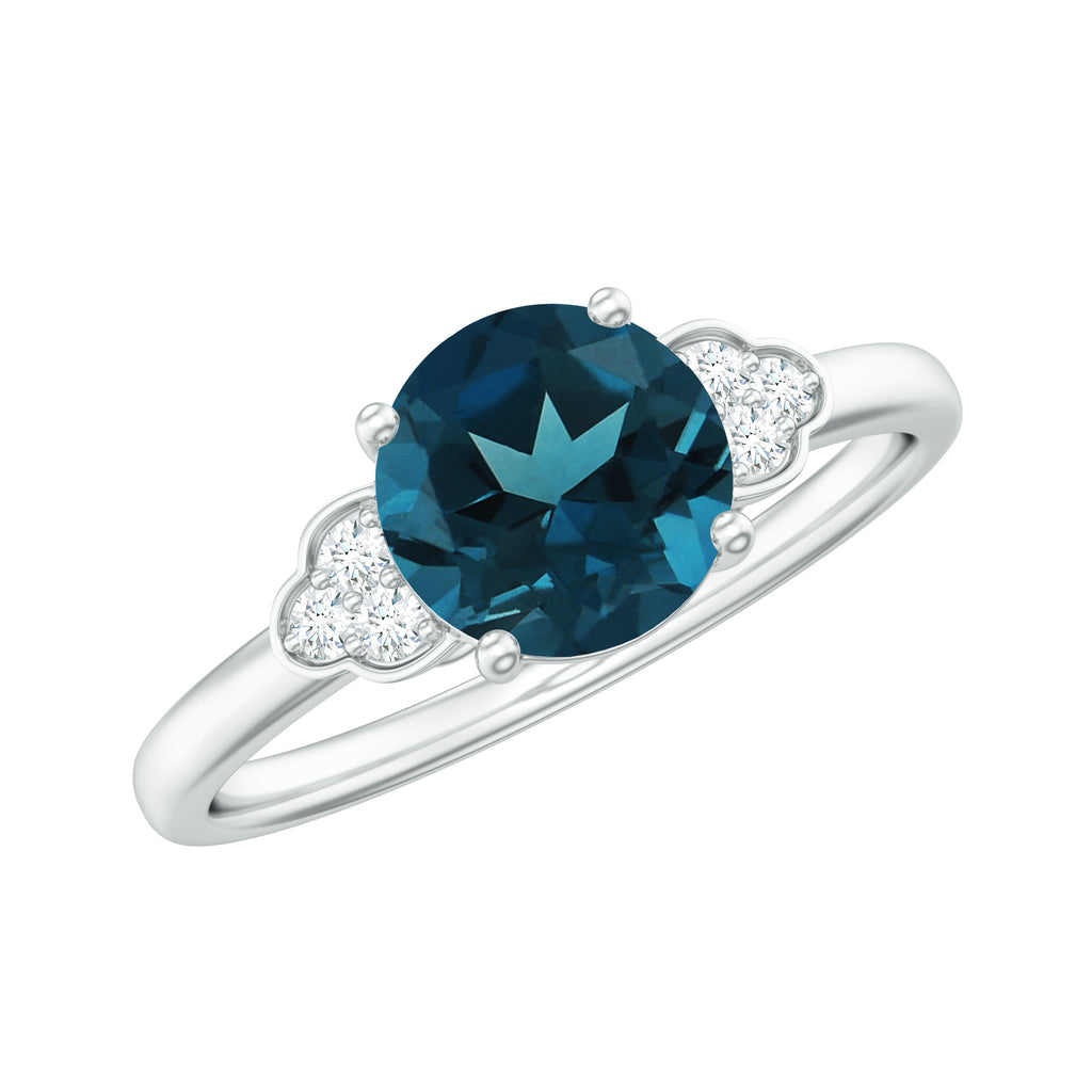 Round London Blue Topaz Solitaire Ring with Diamond Trio London Blue Topaz - ( AAA ) - Quality - Rosec Jewels