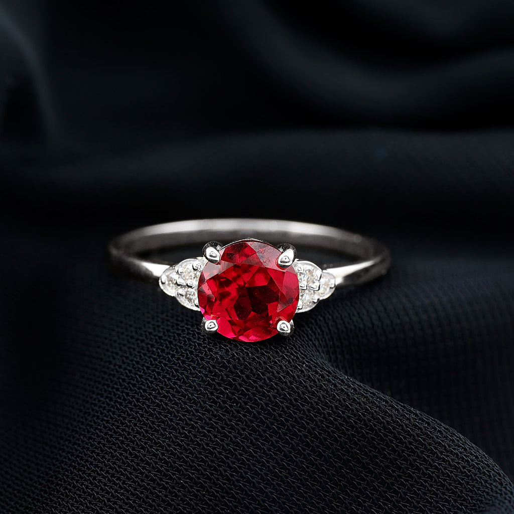 Lab Grown Ruby Solitaire Engagement Ring with Diamond Trio Lab Created Ruby - ( AAAA ) - Quality - Rosec Jewels