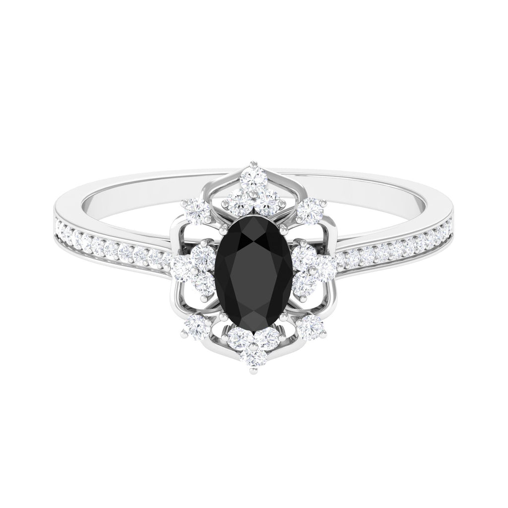 Vintage Inspired Black Spinel Floral Engagement Ring with Diamond Black Spinel - ( AAA ) - Quality - Rosec Jewels