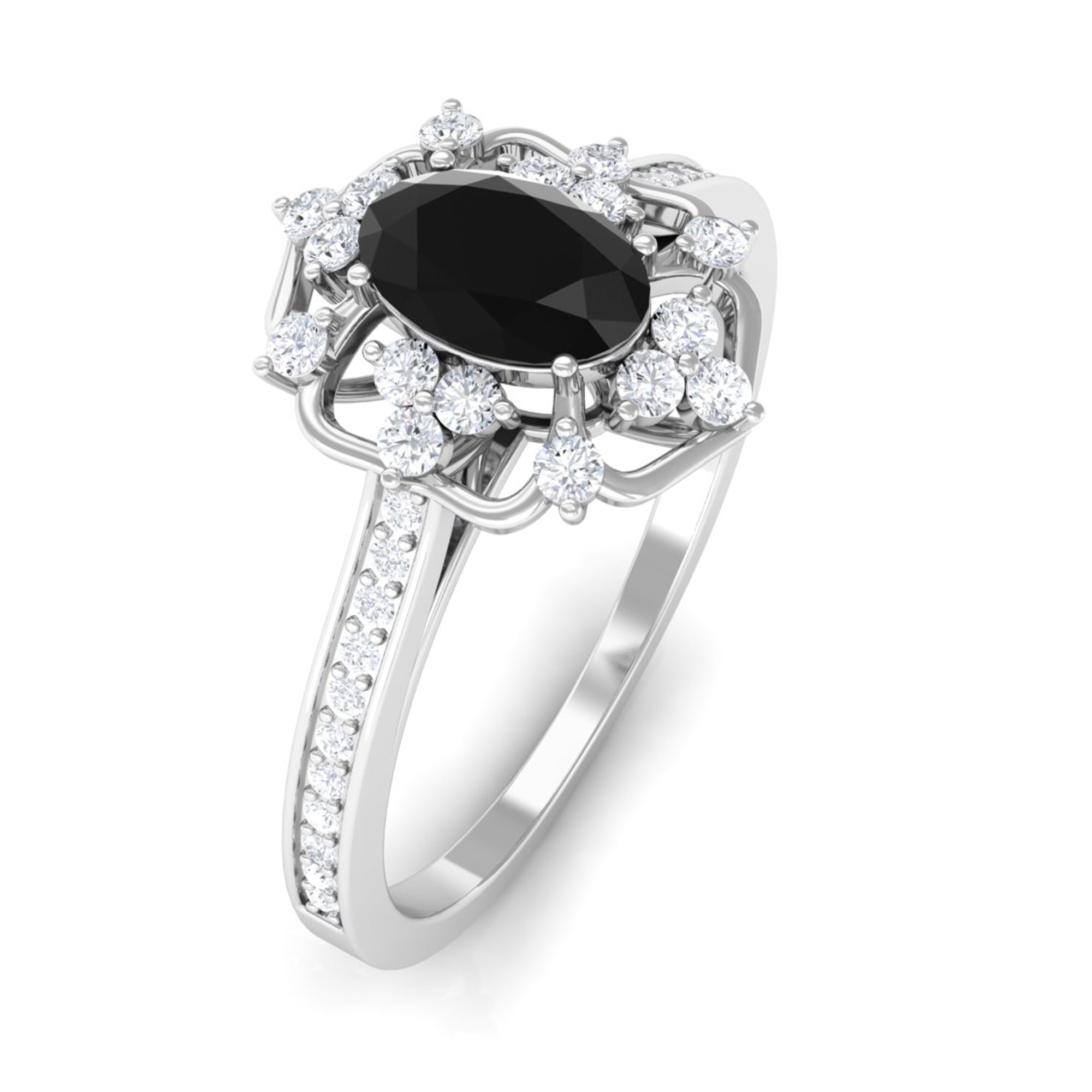 Vintage Inspired Black Spinel Floral Engagement Ring with Diamond Black Spinel - ( AAA ) - Quality - Rosec Jewels