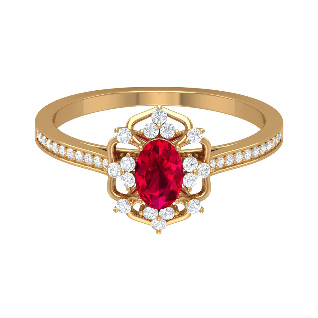 Vintage Style Created Ruby and Diamond Flower Engagement Ring Lab Created Ruby - ( AAAA ) - Quality - Rosec Jewels
