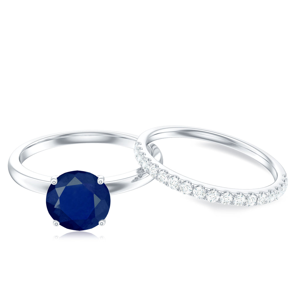 Created Blue Sapphire Solitaire Wedding Ring Set with Diamond Lab Created Blue Sapphire - ( AAAA ) - Quality - Rosec Jewels