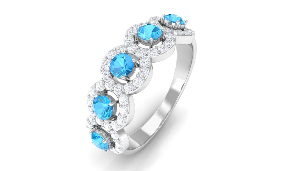 Round Shape Swiss Blue Topaz and Diamond Halo Classic Band Ring in Prong Setting Swiss Blue Topaz - ( AAA ) - Quality - Rosec Jewels