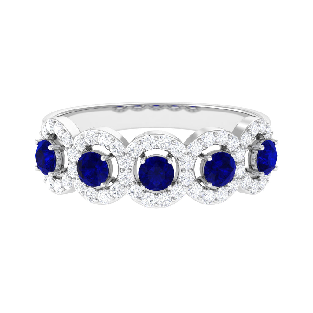 1.75 CT Round Shape Blue Sapphire and Diamond Halo Classic Band Ring Blue Sapphire - ( AAA ) - Quality - Rosec Jewels