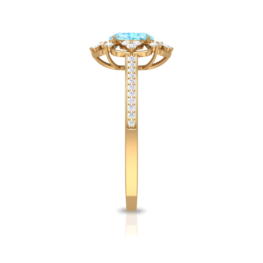 Vintage Style Aquamarine Flower Engagement Ring with Diamond Aquamarine - ( AAA ) - Quality - Rosec Jewels