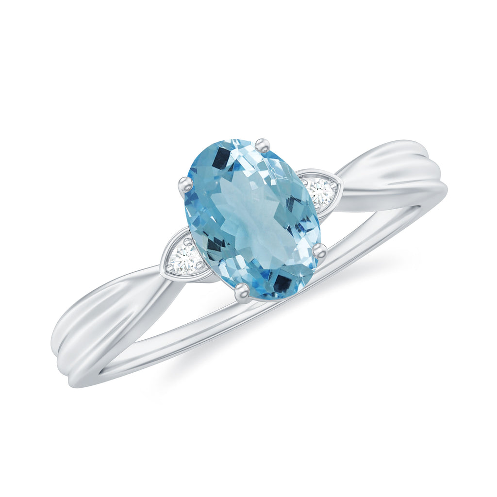 Oval Cut Real Aquamarine Solitaire Ring with Diamond Aquamarine - ( AAA ) - Quality - Rosec Jewels