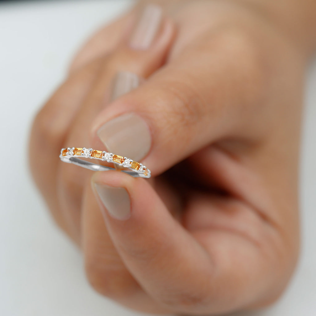 1/2 CT Baguette Orange Sapphire and Diamond Half Eternity Stackable Ring Orange Sapphire - ( AAA ) - Quality - Rosec Jewels