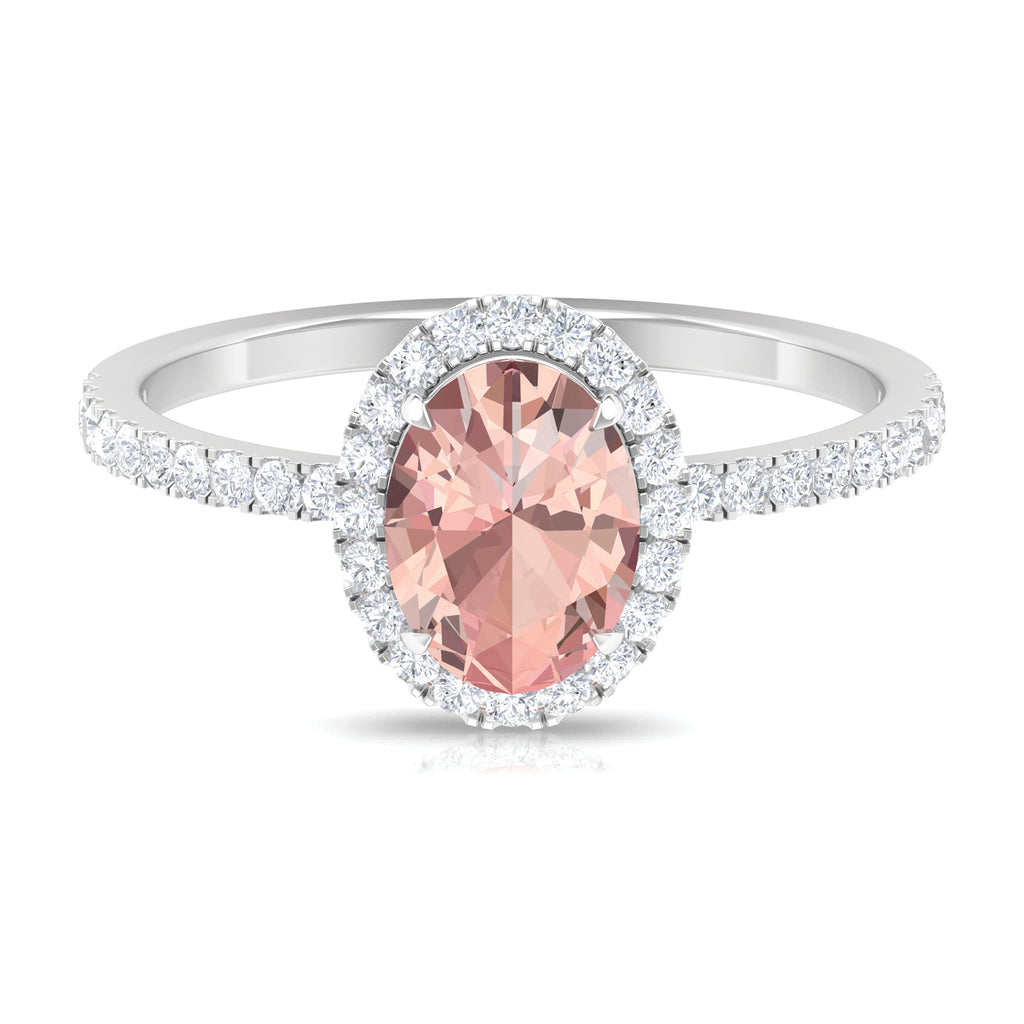1.50 CT Oval Shape Morganite Ring with Diamond Halo Morganite - ( AAA ) - Quality - Rosec Jewels