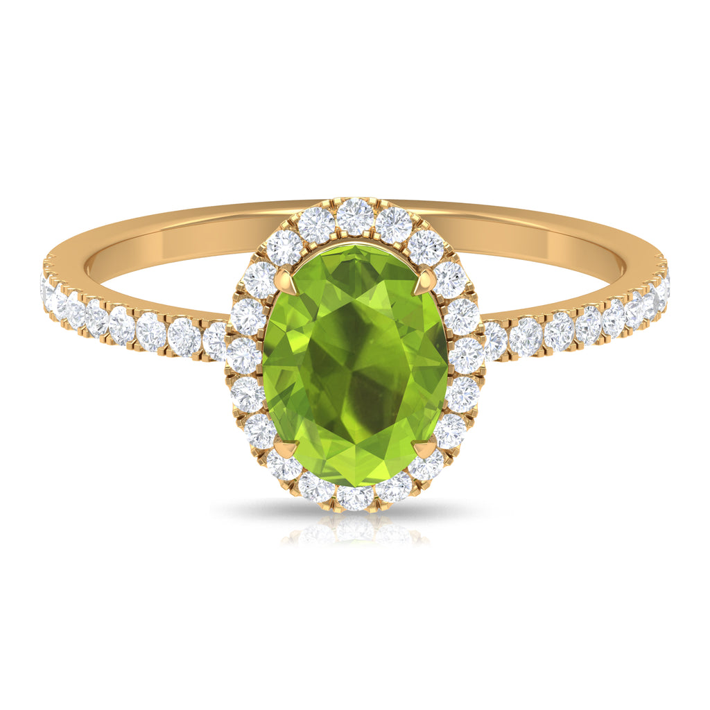 Oval Peridot Halo Engagement Ring with Diamond Peridot - ( AAA ) - Quality - Rosec Jewels