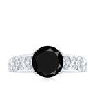 Vintage Inspired Created Black Diamond and Diamond Floral Solitaire Ring Lab Created Black Diamond - ( AAAA ) - Quality - Rosec Jewels