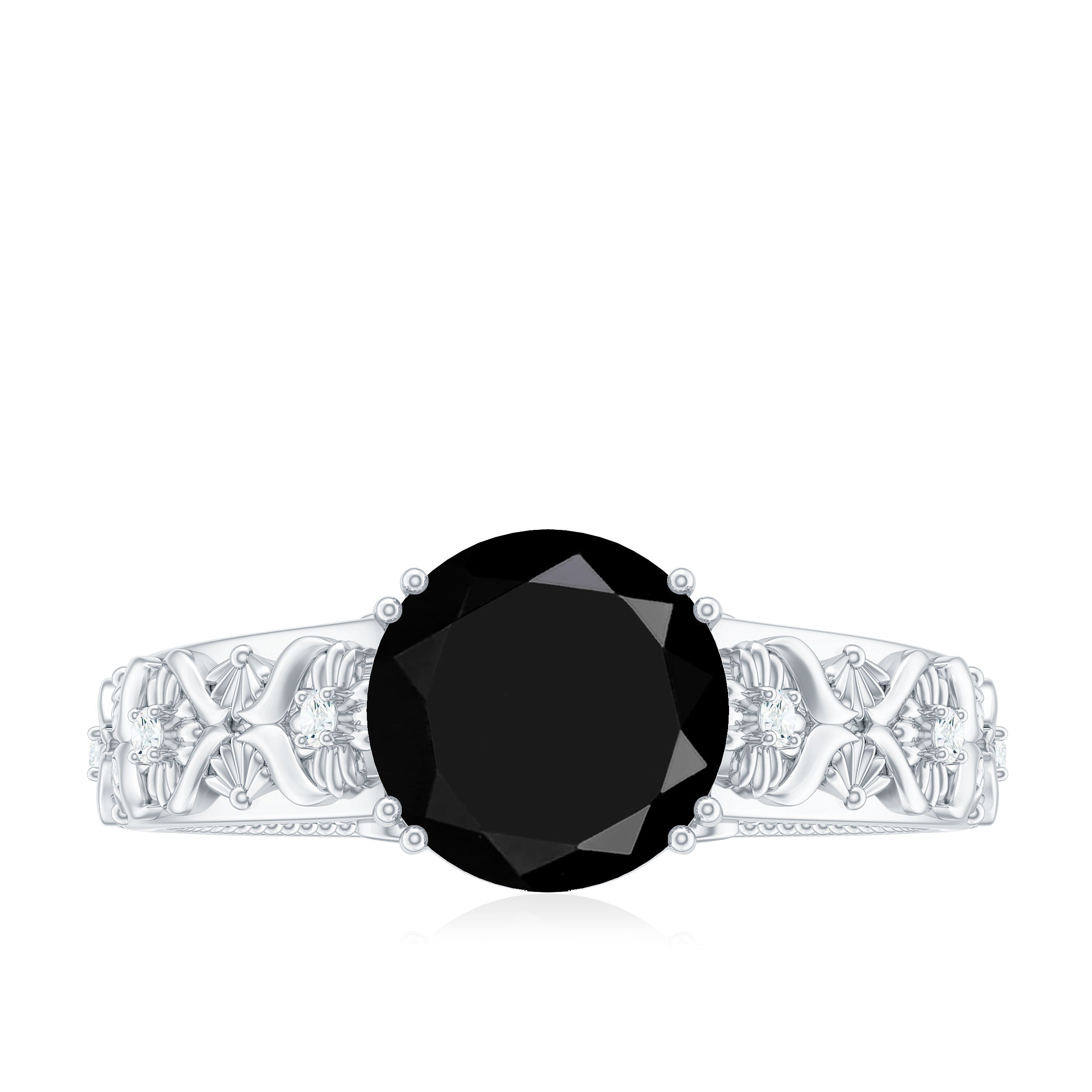 Vintage Inspired Created Black Diamond and Diamond Floral Solitaire Ring Lab Created Black Diamond - ( AAAA ) - Quality - Rosec Jewels