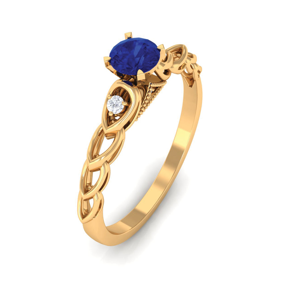 Round Created Blue Sapphire and Diamond Designer Promise Ring Lab Created Blue Sapphire - ( AAAA ) - Quality - Rosec Jewels