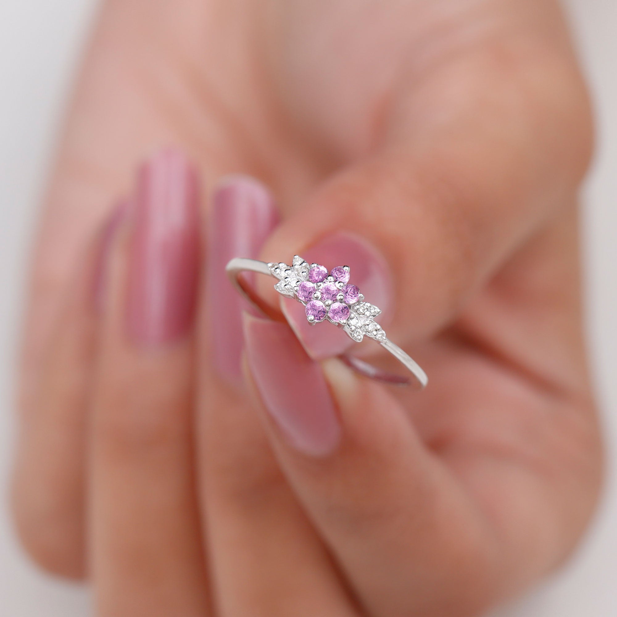 Pink Sapphire Flower Cluster Promise Ring with Diamond Pink Sapphire - ( AAA ) - Quality - Rosec Jewels