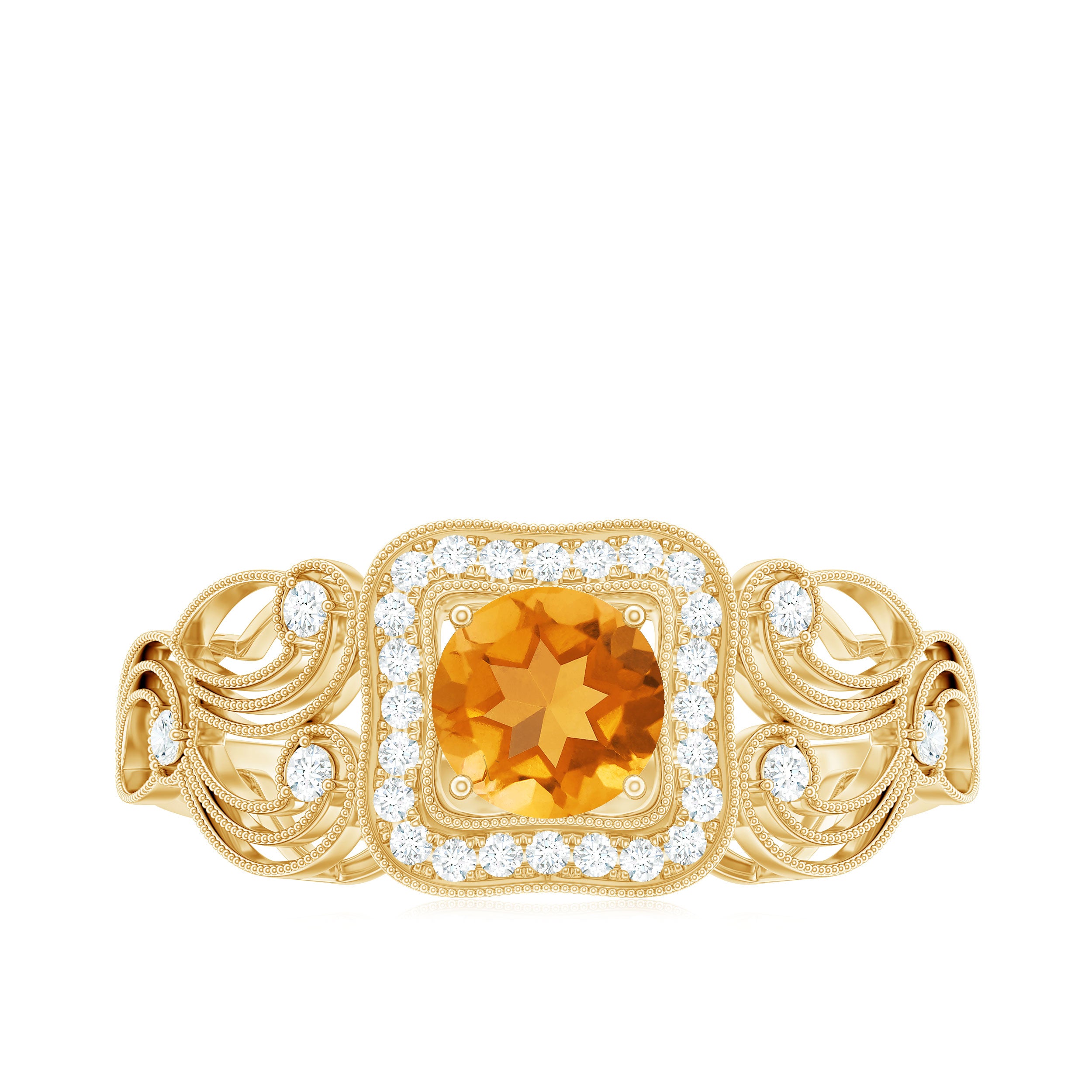 Vintage Citrine and Diamond Milgrain Engagement Ring Citrine - ( AAA ) - Quality - Rosec Jewels