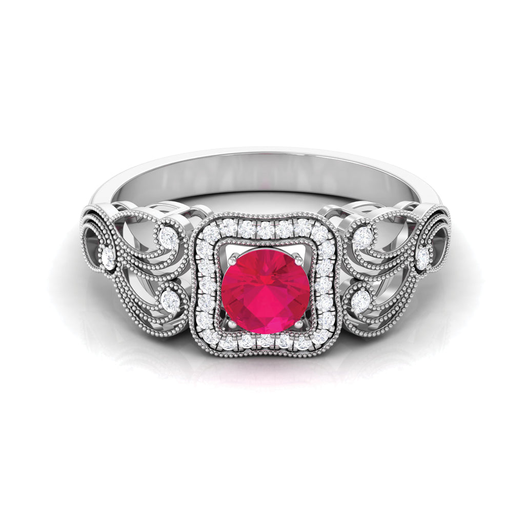 Ruby Vintage Engagement Ring with Diamond Ruby - ( AAA ) - Quality - Rosec Jewels