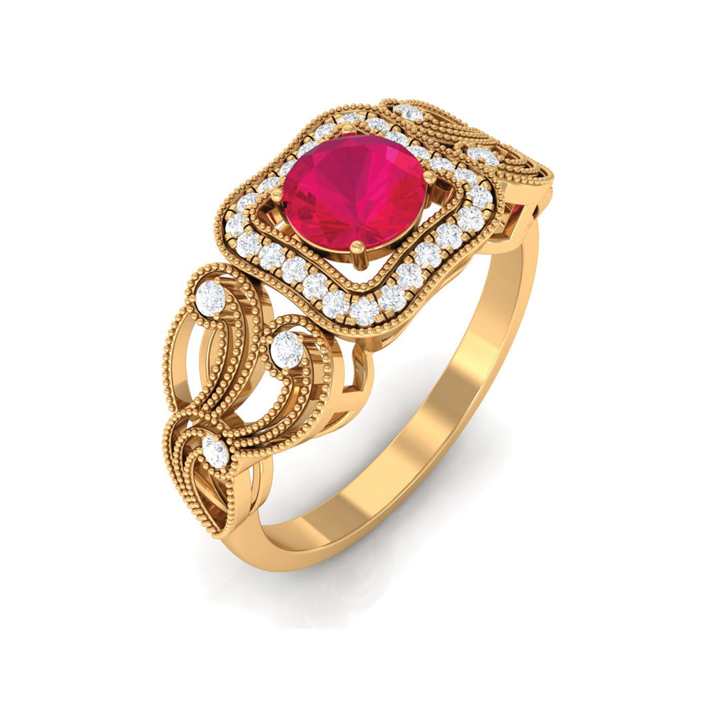 Ruby Vintage Engagement Ring with Diamond Ruby - ( AAA ) - Quality - Rosec Jewels