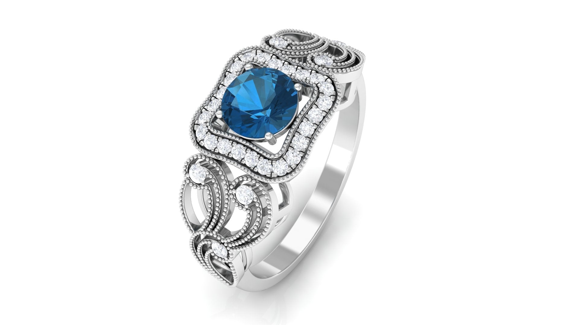 Vintage London Blue Topaz and Diamond Milgrain Engagement Ring London Blue Topaz - ( AAA ) - Quality - Rosec Jewels