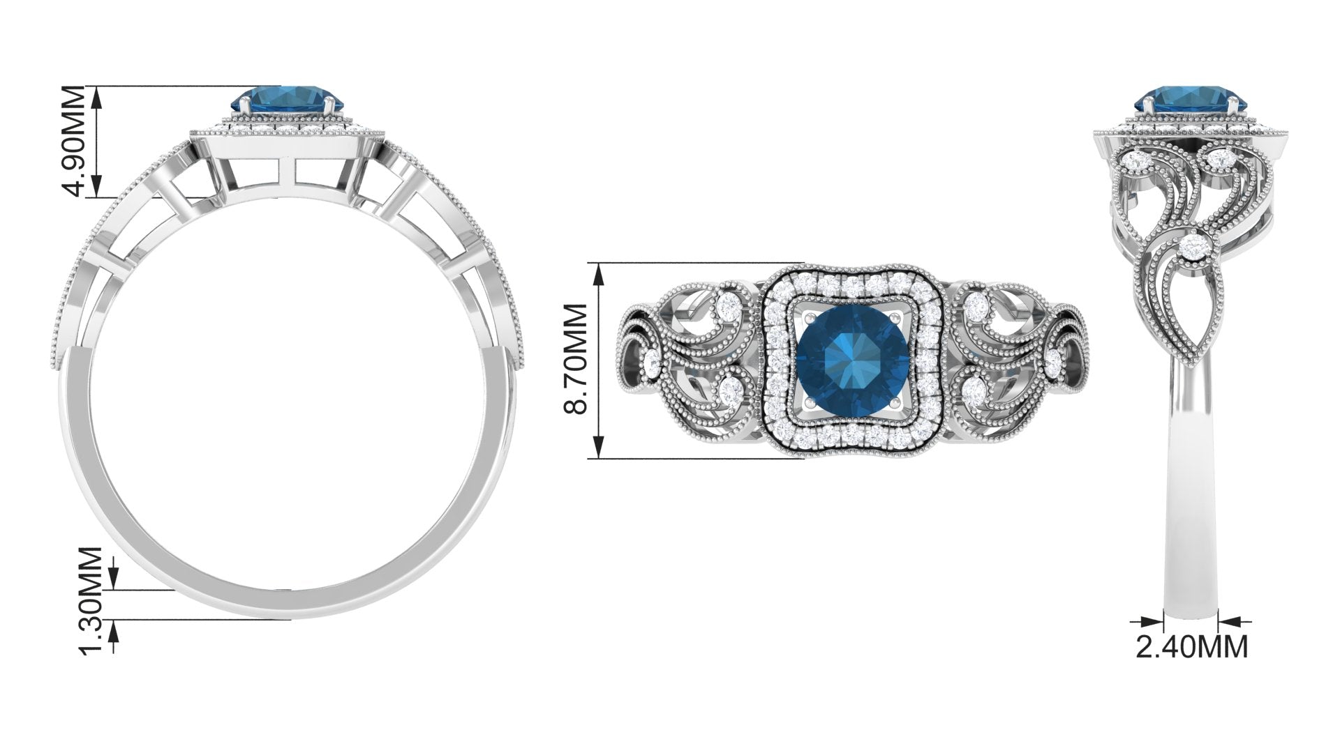 Vintage London Blue Topaz and Diamond Milgrain Engagement Ring London Blue Topaz - ( AAA ) - Quality - Rosec Jewels