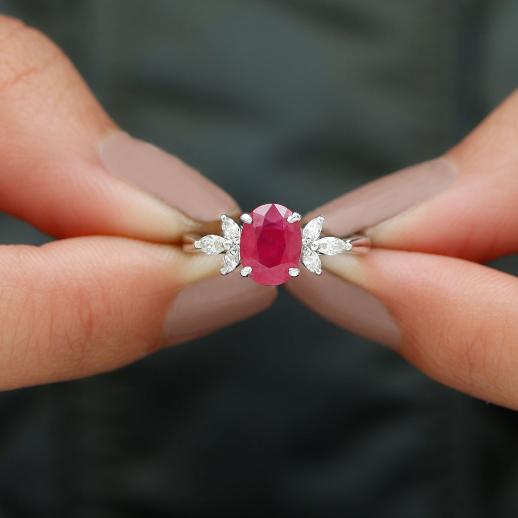 2 CT Claw Set Oval Created Ruby Solitaire and Marquise Diamond Trio Ring Lab Created Ruby - ( AAAA ) - Quality - Rosec Jewels