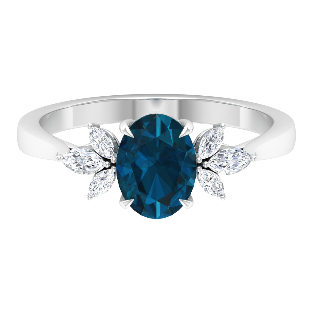 Claw Set London Blue Topaz Solitaire Ring with Marquise Diamond Trio London Blue Topaz - ( AAA ) - Quality - Rosec Jewels
