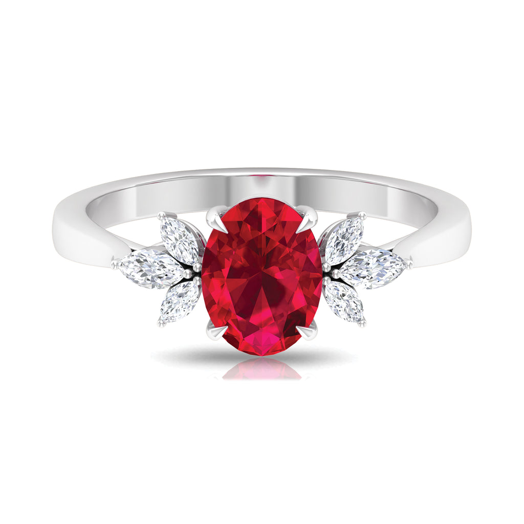 Claw Set Oval Created Ruby Solitaire Ring with Marquise Diamond Trio Lab Created Ruby - ( AAAA ) - Quality - Rosec Jewels