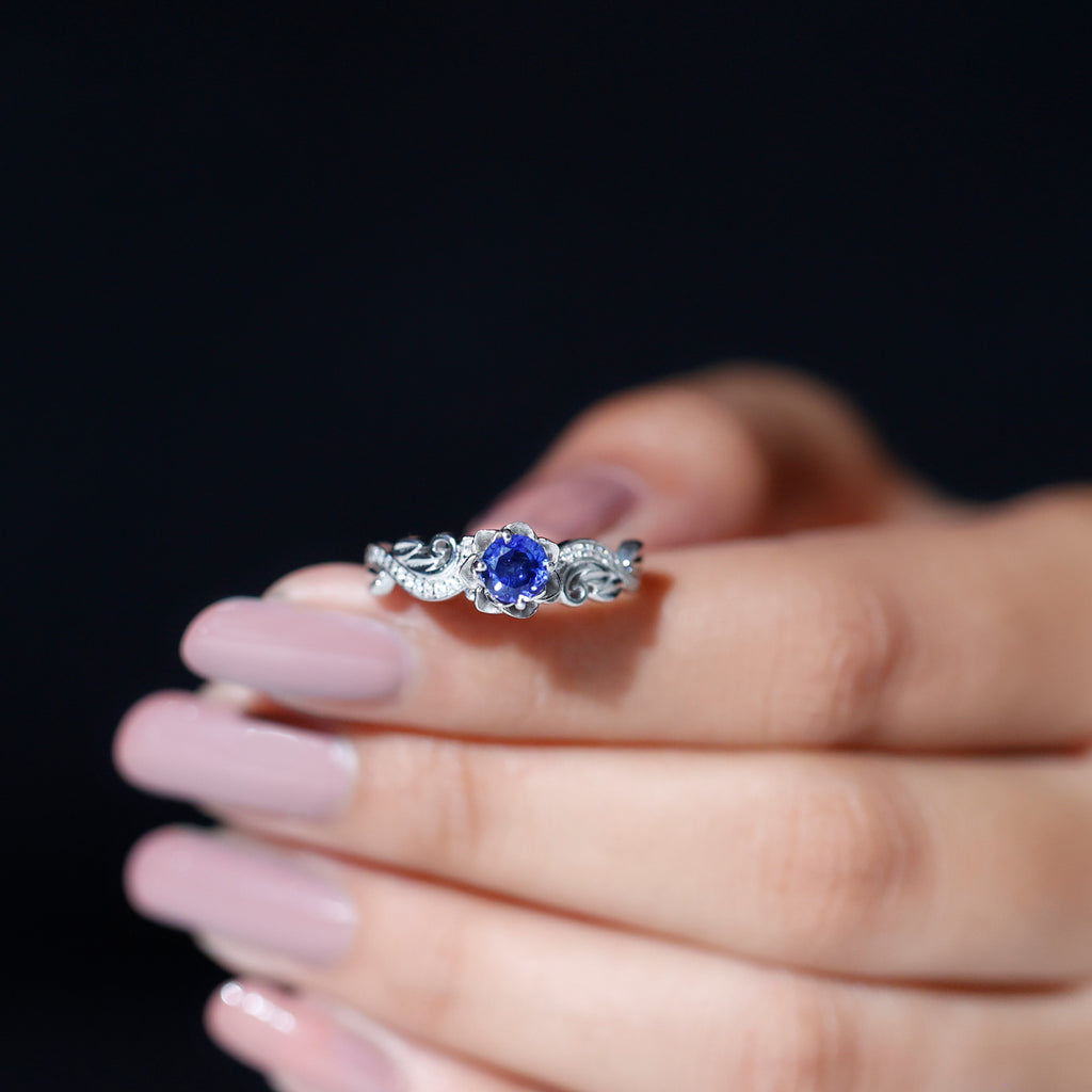 Flower Inspired Created Blue Sapphire and Diamond Engagement Ring Lab Created Blue Sapphire - ( AAAA ) - Quality - Rosec Jewels