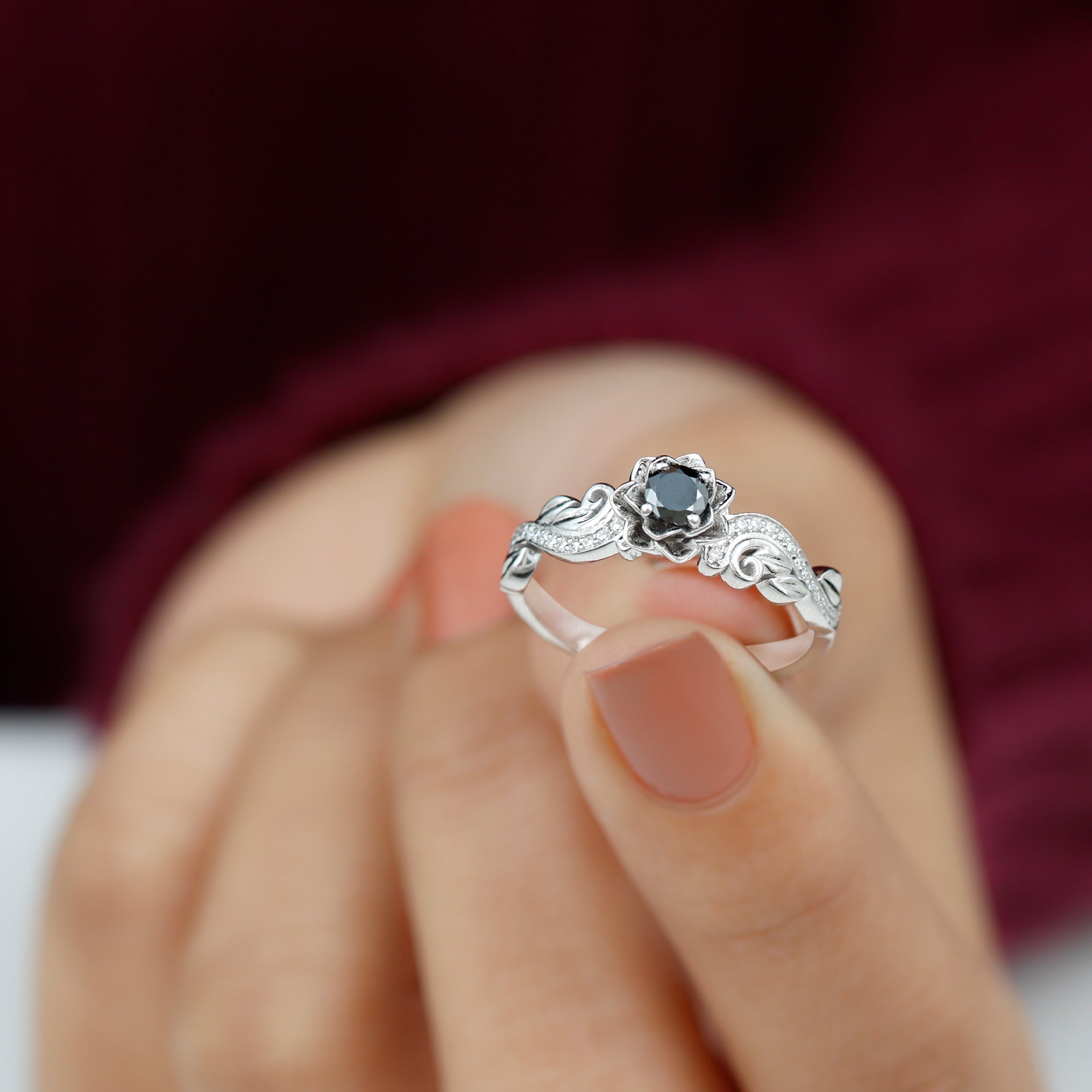 Flower Inspired Black Diamond and Diamond Engagement Ring Black Diamond - ( AAA ) - Quality - Rosec Jewels