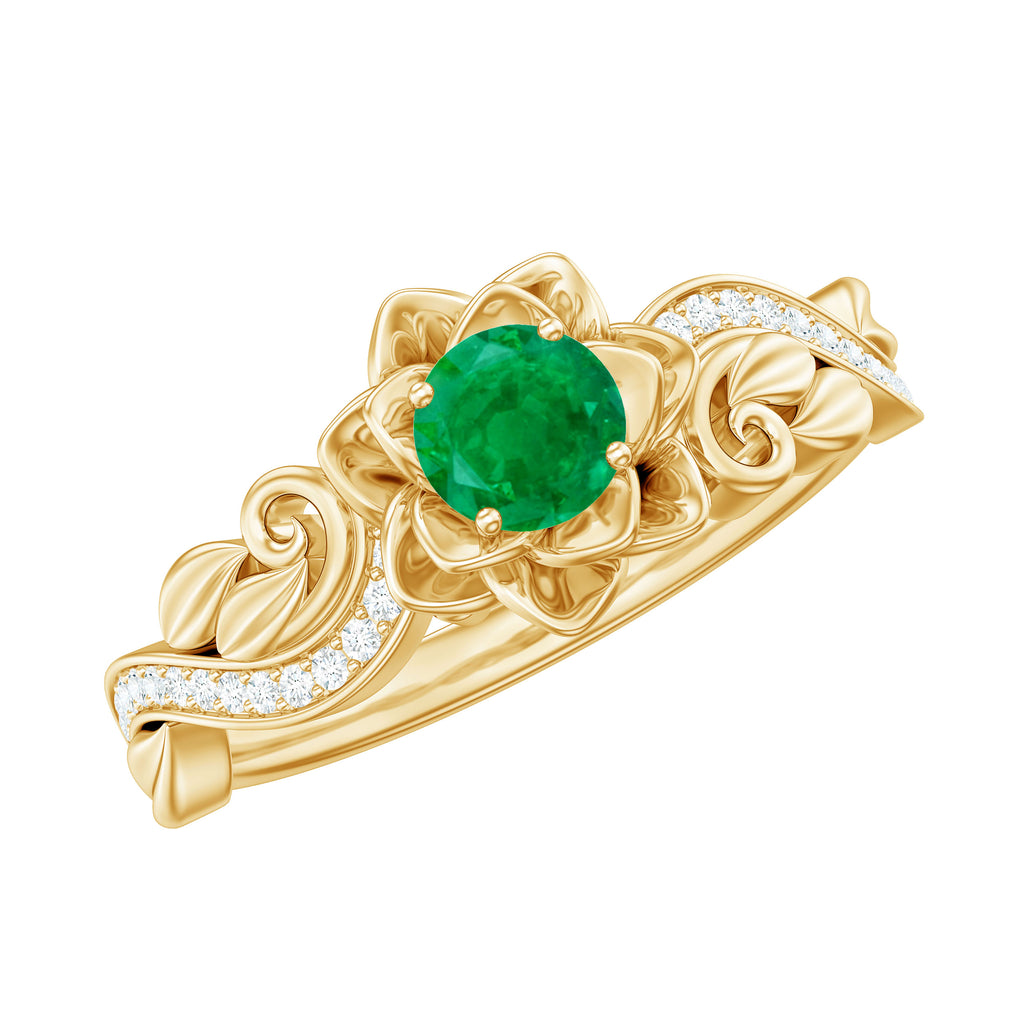 Flower Inspired Emerald and Diamond Engagement Ring in Gold Emerald - ( AAA ) - Quality - Rosec Jewels