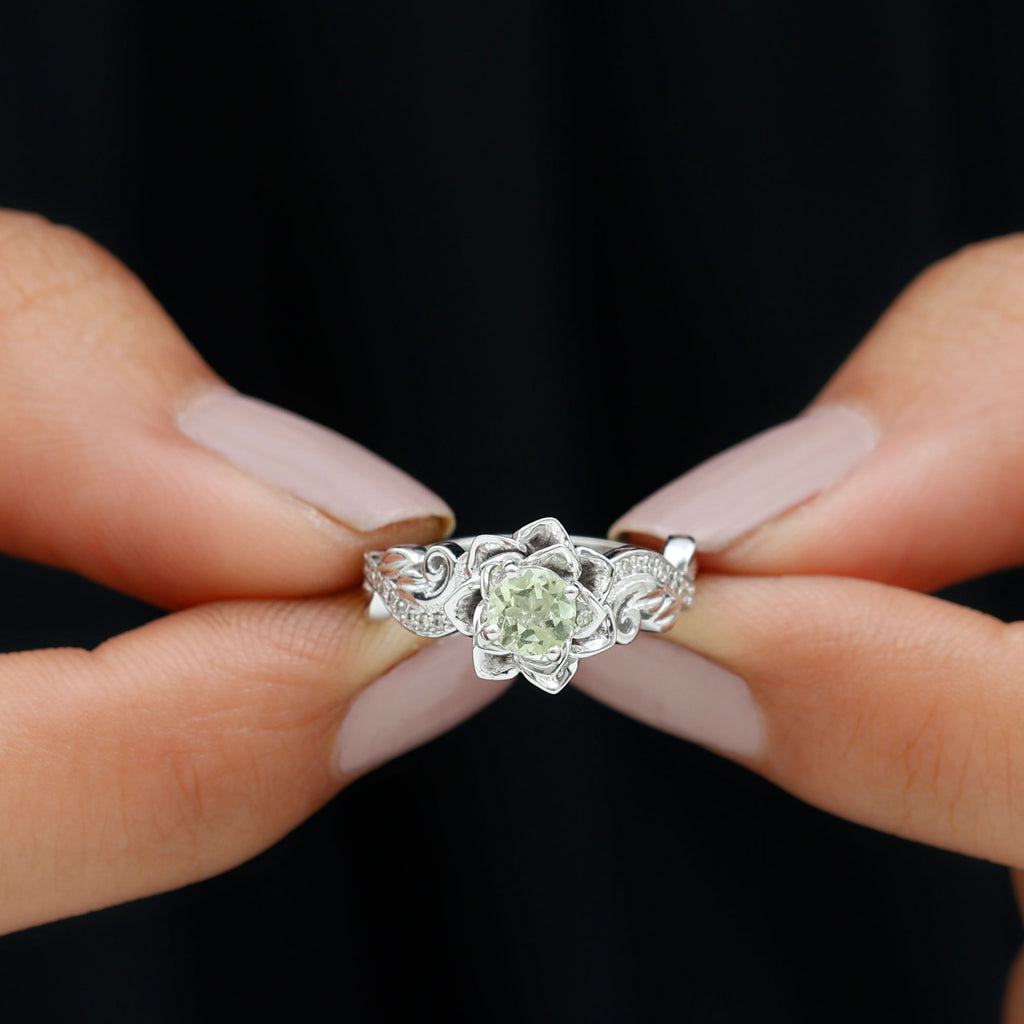 Flower Inspired Peridot and Diamond Engagement Ring Peridot - ( AAA ) - Quality - Rosec Jewels