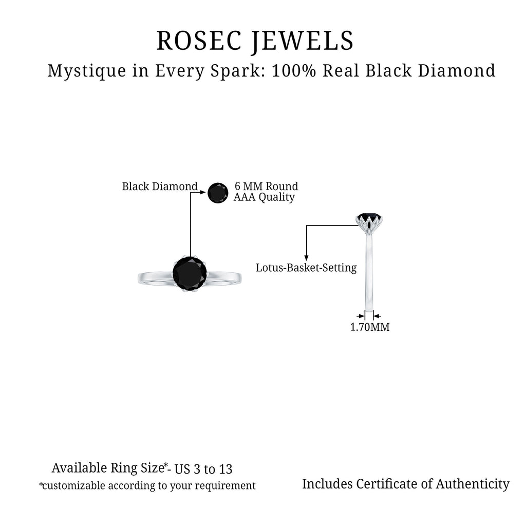 1 CT Real Black Diamond Solitaire Ring in Lotus Basket Setting Black Diamond - ( AAA ) - Quality - Rosec Jewels