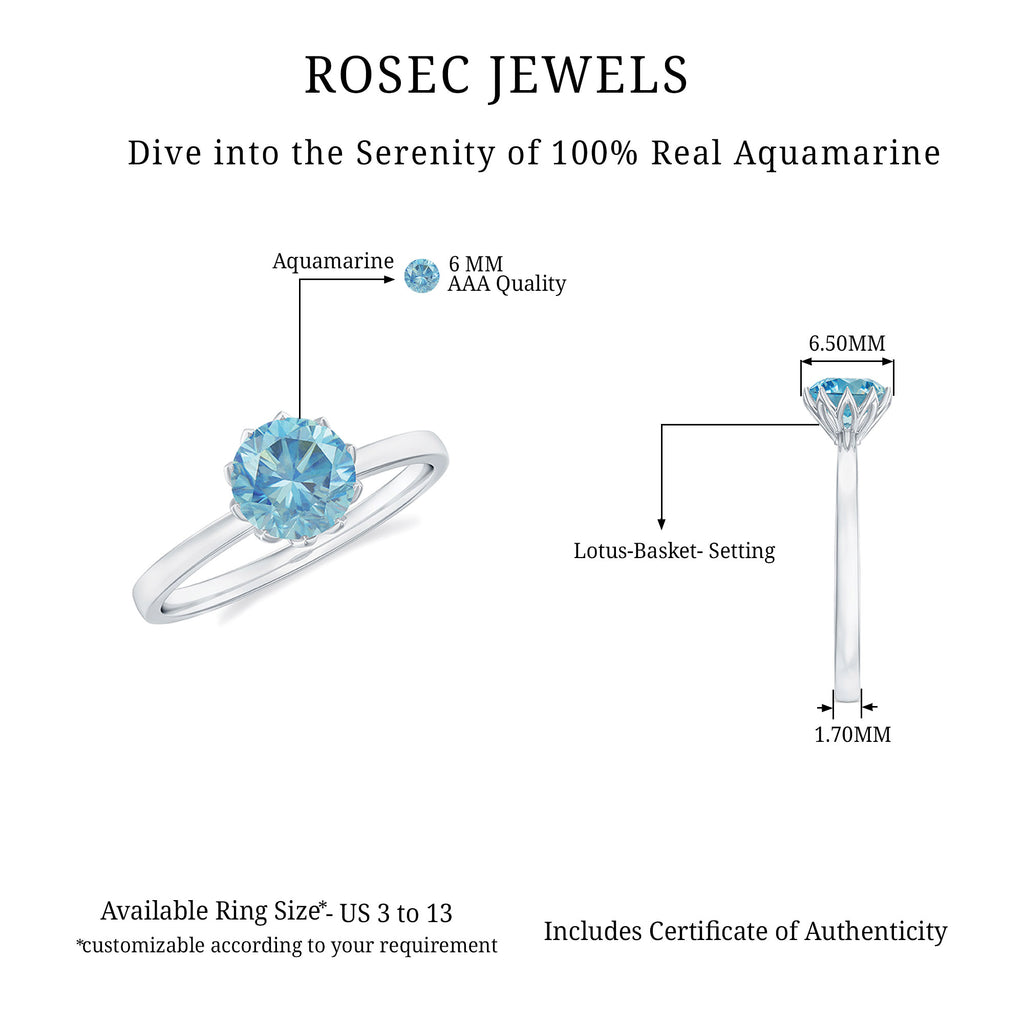 6 MM Round Cut Aquamarine Solitaire Ring in Gold Aquamarine - ( AAA ) - Quality - Rosec Jewels