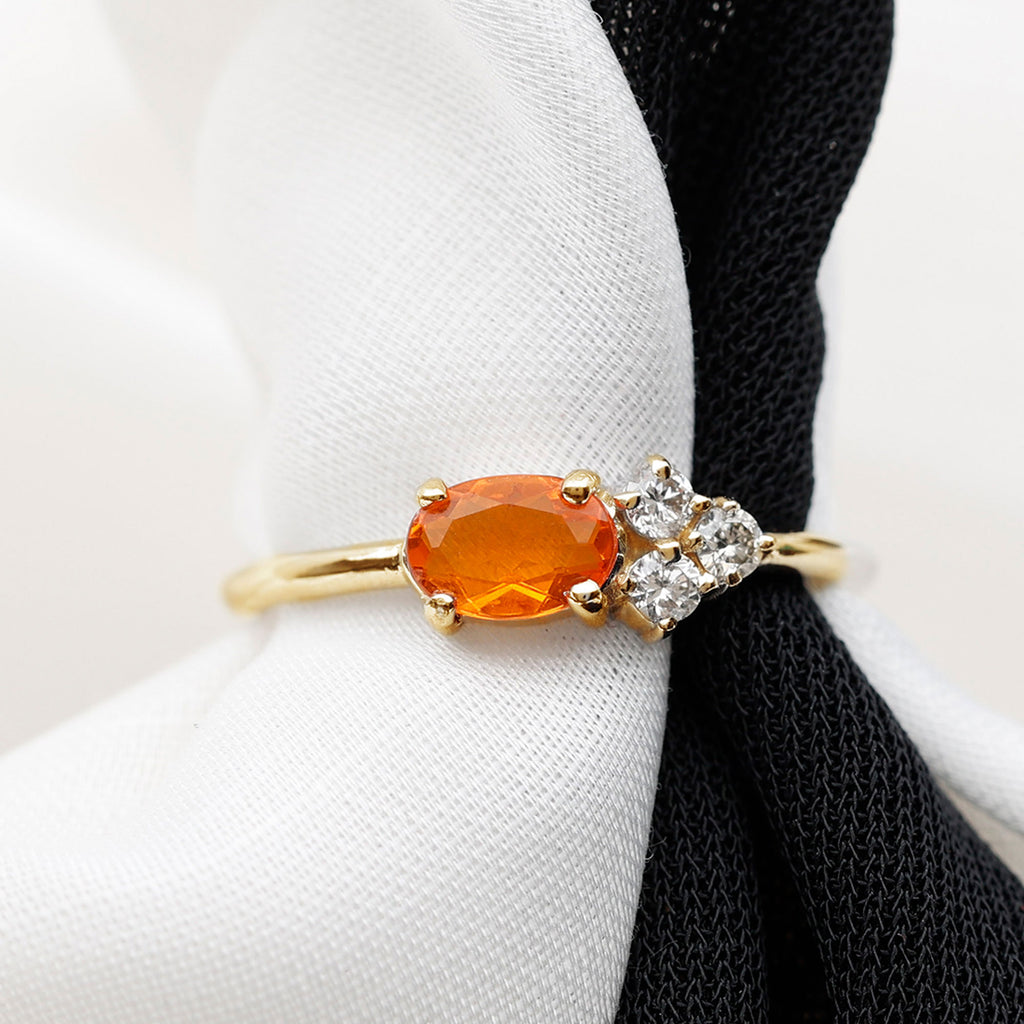 Oval Cut Fire Opal Minimal Ring with Diamond Trio Fire Opal - ( AAA ) - Quality - Rosec Jewels