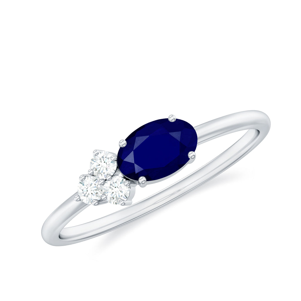 3/4 CT Oval Cut Blue Sapphire Promise Ring with Diamond Trio Blue Sapphire - ( AAA ) - Quality - Rosec Jewels