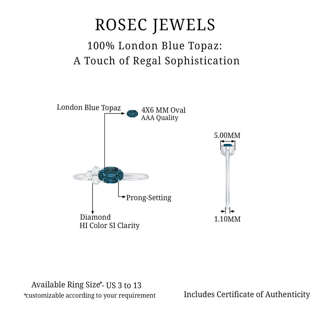 1/2 CT Oval Cut London Blue Topaz Promise Ring with Diamond Trio London Blue Topaz - ( AAA ) - Quality - Rosec Jewels