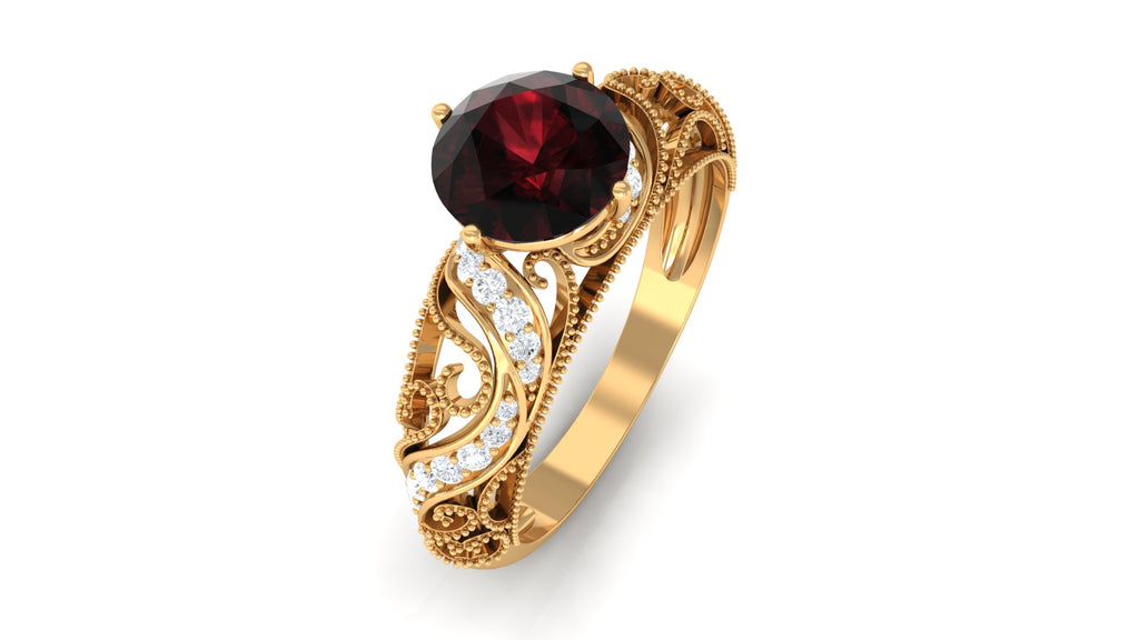 Round Garnet Vintage Inspired Engagement Ring with Diamond Garnet - ( AAA ) - Quality - Rosec Jewels