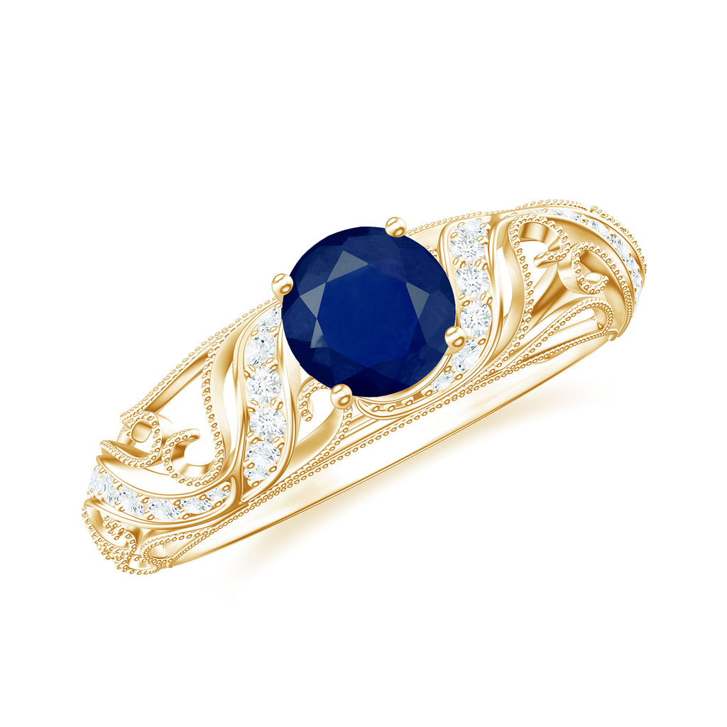 Vintage Inspired Blue Sapphire Engagement Ring with Diamond Blue Sapphire - ( AAA ) - Quality - Rosec Jewels