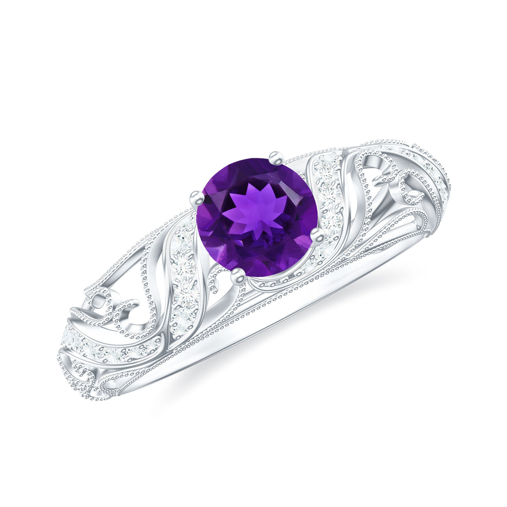 3/4 CT Vintage Style Amethyst Engagement Ring with Diamond Amethyst - ( AAA ) - Quality - Rosec Jewels