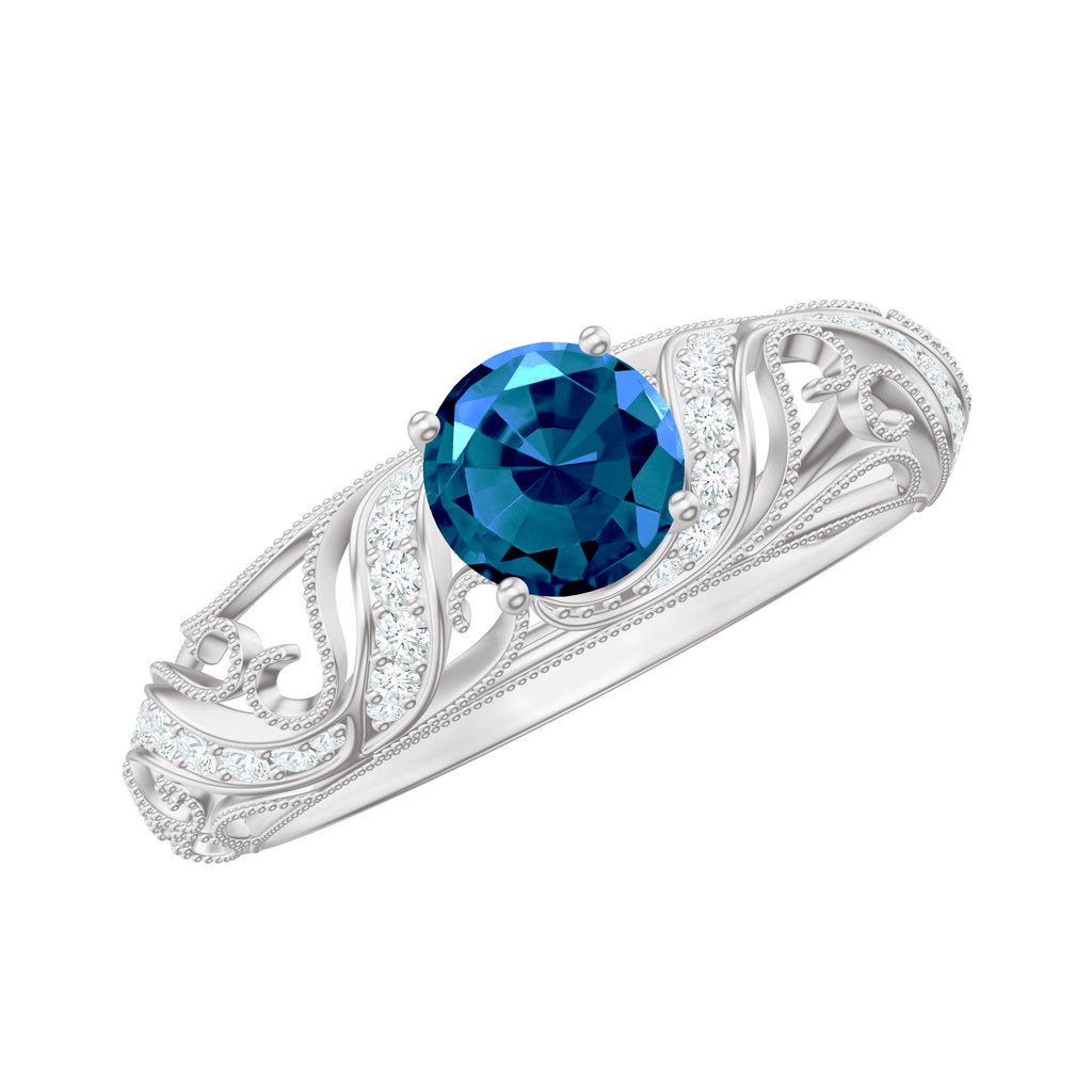 1 CT London Blue Topaz Vintage Inspired Engagement Ring with Diamond London Blue Topaz - ( AAA ) - Quality - Rosec Jewels