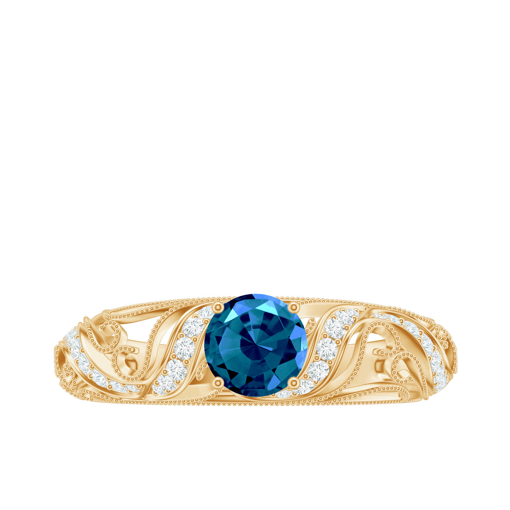 1 CT London Blue Topaz Vintage Inspired Engagement Ring with Diamond London Blue Topaz - ( AAA ) - Quality - Rosec Jewels