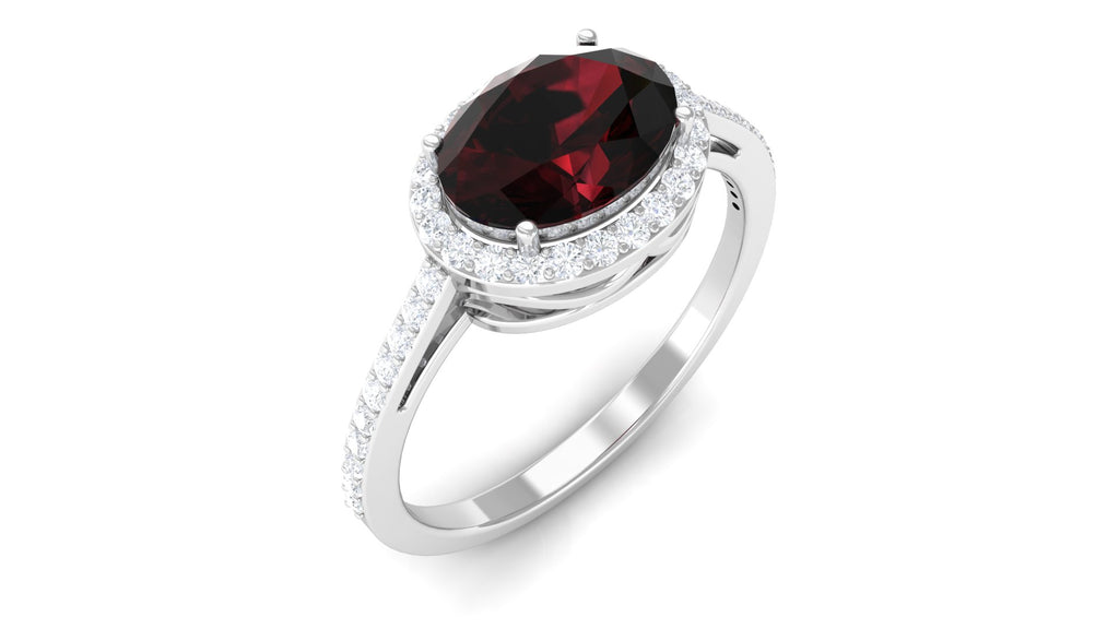 Oval Cut Garnet East West Engagement Ring with Diamond Halo Garnet - ( AAA ) - Quality - Rosec Jewels