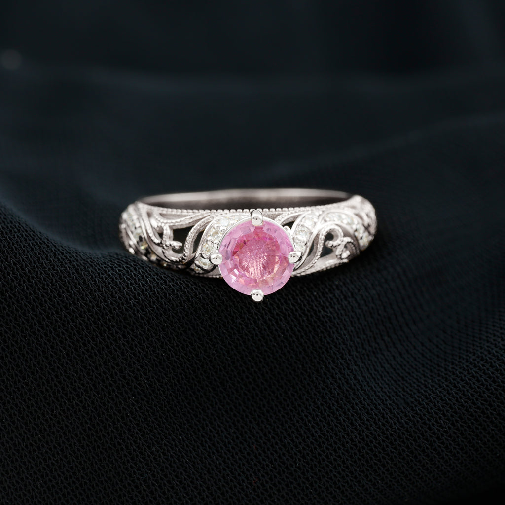 Round Shape Created Pink Sapphire and Diamond Milgrain Engagement Ring Lab Created Pink Sapphire - ( AAAA ) - Quality - Rosec Jewels