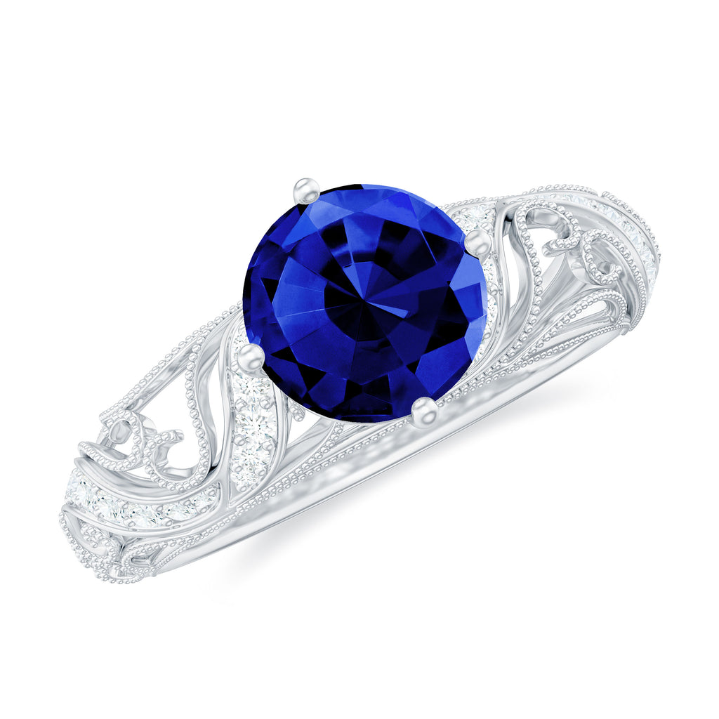 Solitaire Created Blue Sapphire Vintage Inspired Engagement Ring with Diamond Lab Created Blue Sapphire - ( AAAA ) - Quality - Rosec Jewels