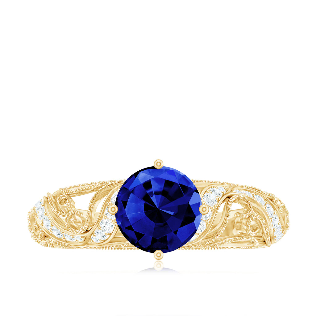 Solitaire Created Blue Sapphire Vintage Inspired Engagement Ring with Diamond Lab Created Blue Sapphire - ( AAAA ) - Quality - Rosec Jewels